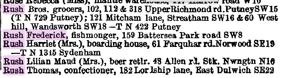 1919 directory, Frederick Rush, 159 Battersea Park Road