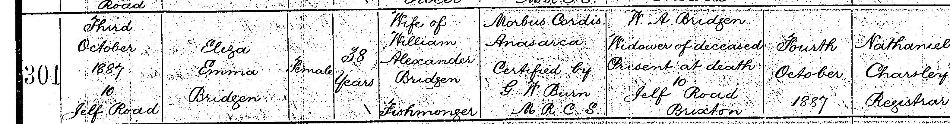 Eliza Emma Bridgen death certificate