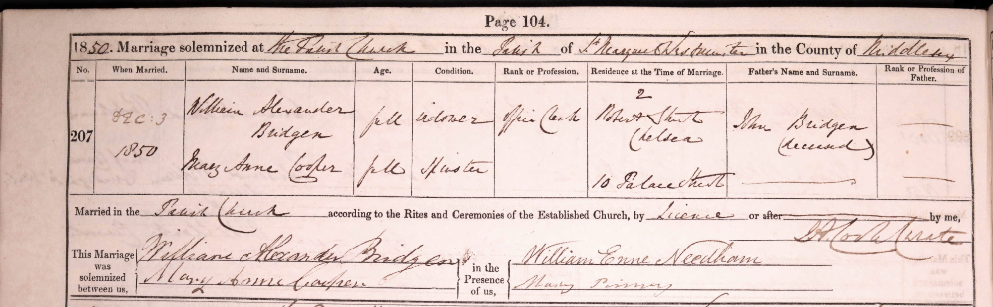 Marriage register, William Alexander Bridgen and Mary Anne Cooper, 1850