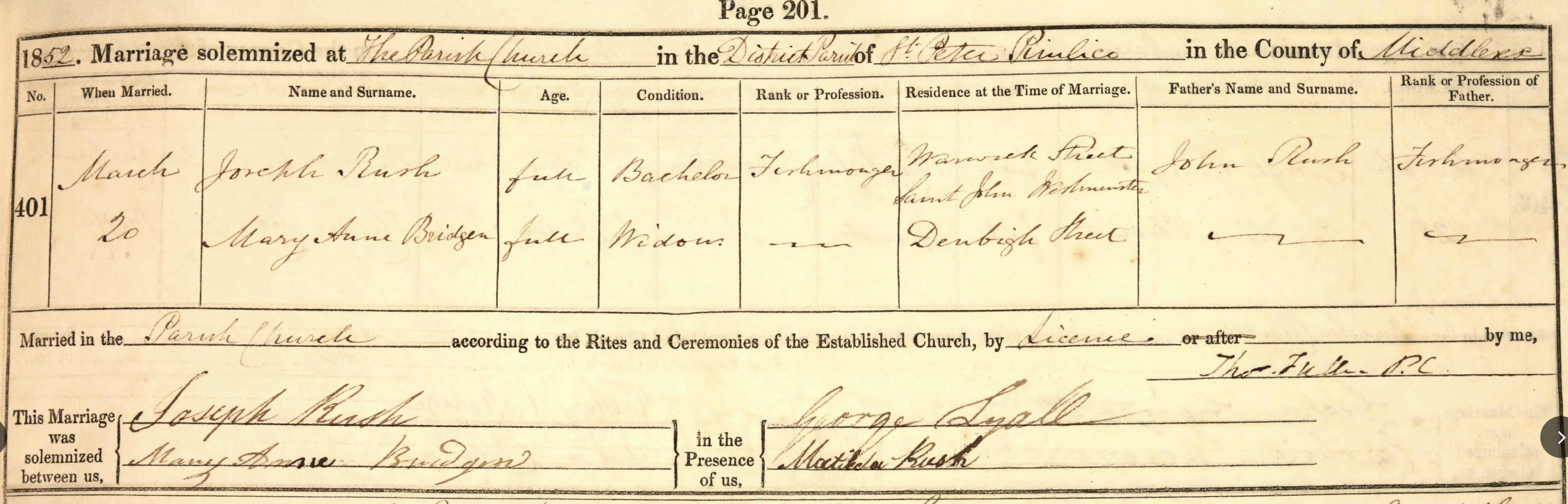 Marriage of Mary Anne Bridgen and Joseph Rush, 1852