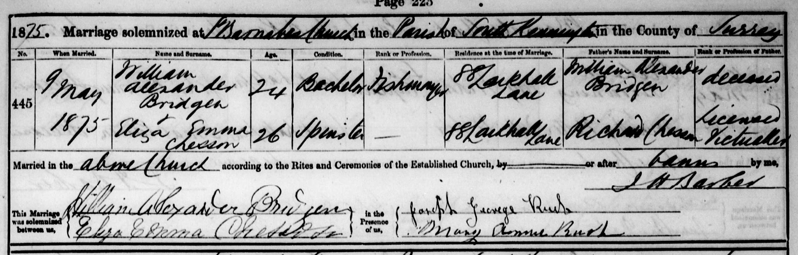 Marriage of William Bridgen and Eliza Emma Chesson, 1875