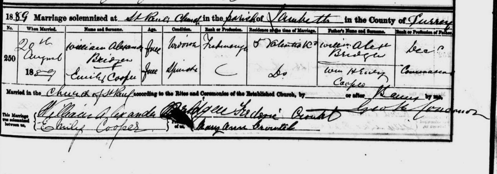 Marriage of William Bridgen and Emily Cooper, 1889