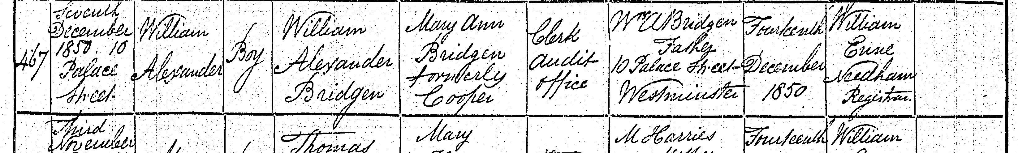 Birth certificate, William Alexander Bridgen, 1850