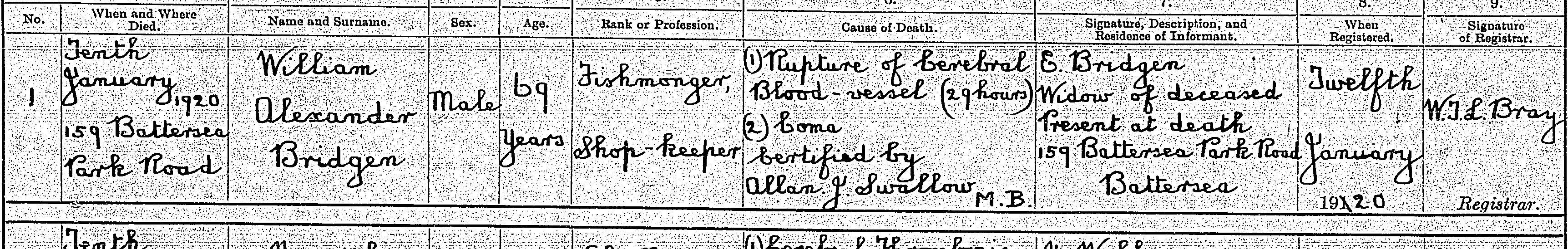 Death certificate, William Alexander Bridgen, 1920