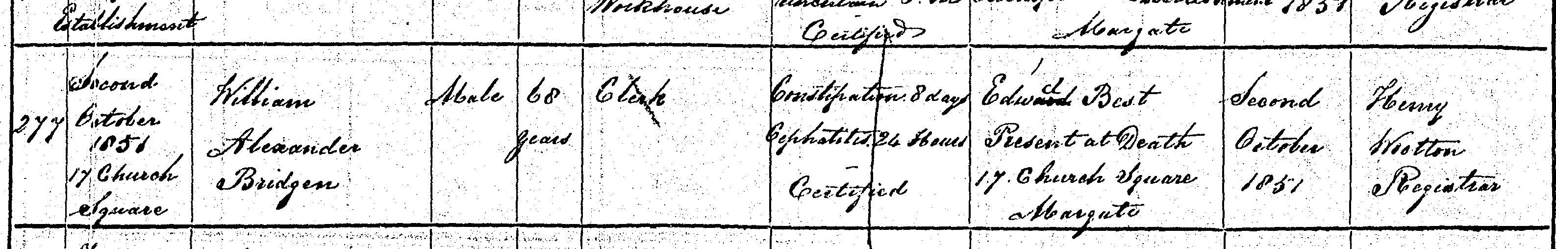 Death certificate, William Alexander Bridgen senior, 1851